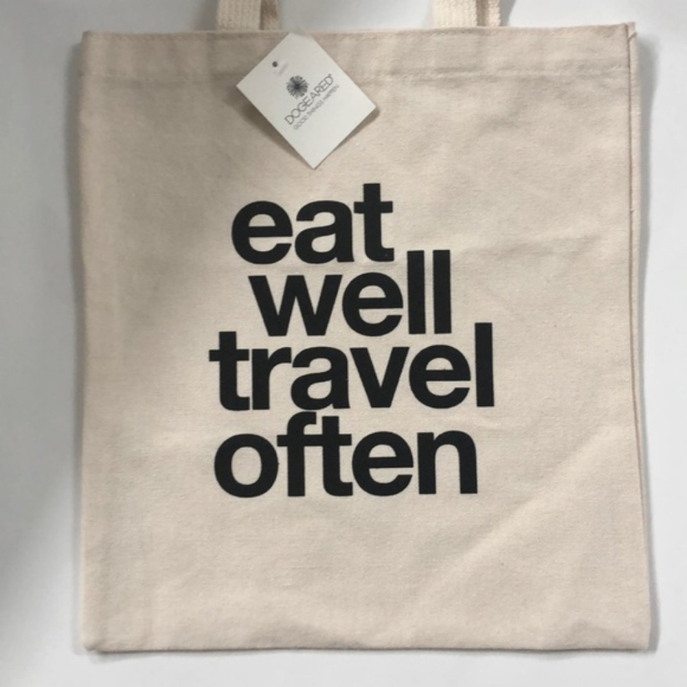 DOGEARED EAT WELL AND TRAVEL OFTEN COTTON TOTE IVORY NWT